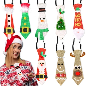 Christmas glitter ties for kids featuring Santa and Reindeer with elastic neck straps