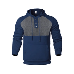 Men's casual hoodie with blue and grey color block design and button neck detail