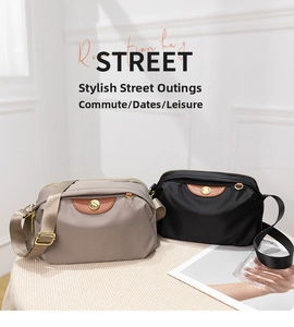 Detail showing waterproof nylon crossbody bags in black and grey with leather flaps