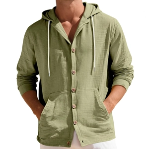 Men's sage green linen hooded shirt with wood buttons and long sleeves for casual beachwear