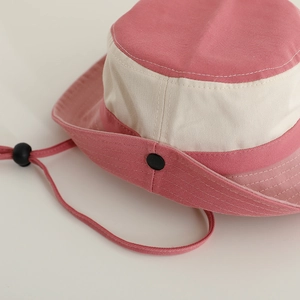 Kids pink and beige contrast sun hat with adjustable windproof drawstring and canvas brim