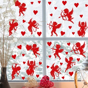 Red glitter Cupid and heart wall stickers for Valentine's Day room decoration