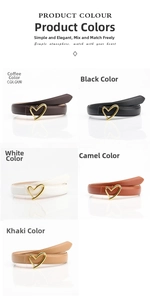 Close-up of heart buckle belts in coffee, black, white, camel and khaki leather options