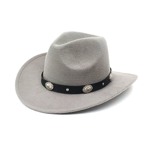 Detail of grey felt cowboy hat featuring black leather band and silver concho buckle