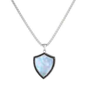 Mens hip hop titanium steel necklace with white shell shield pendant and black crystals