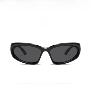 Front view of Y2K futuristic punk sunglasses with black glossy frames and grey lenses