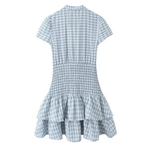 Light blue plaid short sleeve dress with high waist smocking and layered ruffle hem