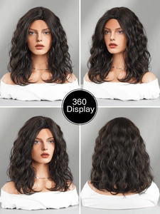 360-degree view of deep brown mid-length water wave wig with natural curls on head mannequin