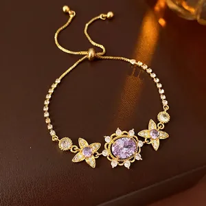Vintage gold-plated adjustable bracelet with purple zircon flower and star charms
