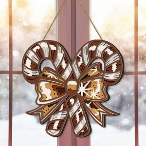 3D layered wooden Christmas candy cane door sign with bow and rope for festive wall decor