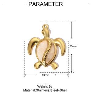 Detailed size specifications of a gold sea turtle pendant made of stainless steel and shell