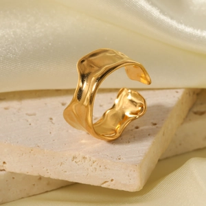 Irregular Wave Texture Open Ring Stainless Steel 18K Gold Plated Minimalist Adjustable Finger Jewelry For Women Men