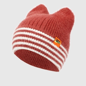 Bonnet en maille avec oreilles de chat rouge brique, rayures blanches et étiquette