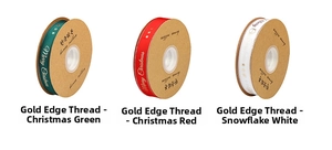 Three rolls of Merry Christmas grosgrain ribbons with gold foil patterns and card packaging