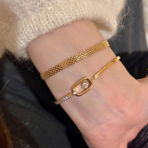 Bracciale Piatto In Maglia Intrecciata Rame Placcato Oro 18K Con Intarsio In Zircone Rettangolare Gioielli Stile Retrò Per Donne