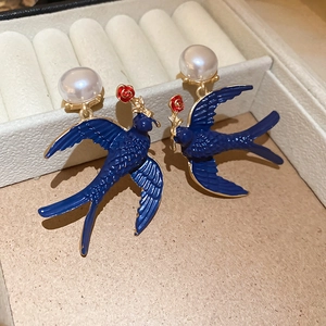 Detail of blue swallow and red rose earrings with pearl accents in a gift box view