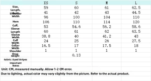 Detailed size chart for tiered poplin shirt in cm, featuring measurements from XS to L