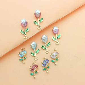 Enamel flower DIY charms with tulips and roses featuring pearls and gold plating