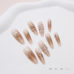 Long Almond Press On Nails Brown Gradient Hand Painted Butterfly Floral 3D Artificial Pearl Rhinestone ABS Artificial Fingernails