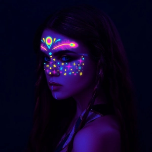 Neon glowing face stickers for music festivals with stars and feathers under UV blacklight