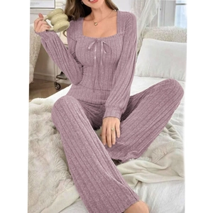 Women's rib-knit long sleeve pajama set in purple with ribbon bow and square neck