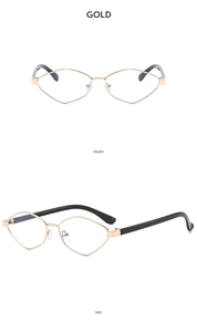 Front and side views of geometric polygon sunglasses with gold metal frame and black arms