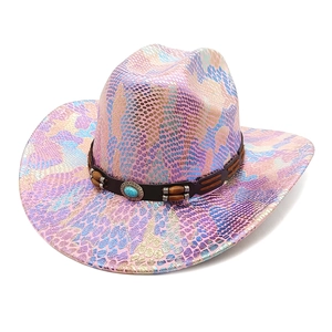 Holographic colorful snakeskin western cowboy hat with bohemian beaded leather band