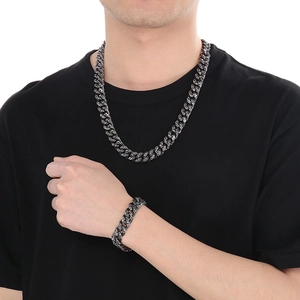 Men's hammered titanium steel Cuban chain necklace and bracelet set in dark metal finish