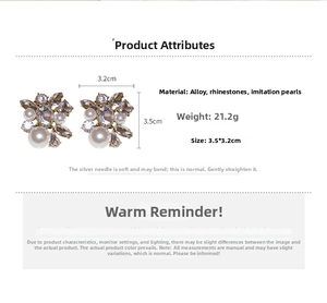 Detail view of flower-shaped pearl earrings with crystal inlay showing 3.5x3.2cm size