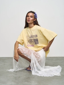 T-shirt graphique jaune pâle oversize pour femme de style rétro américain en coton