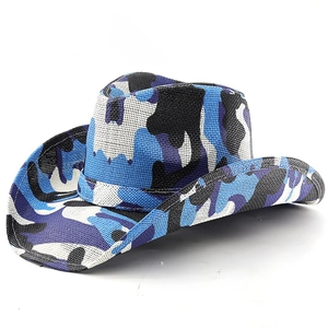Blue camouflage western cowboy hat with breathable mesh and stylish rolled brim for outdoors
