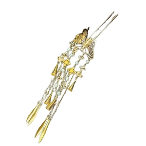 Golden Chinese butterfly hair pin with pearls and long tassels on white background