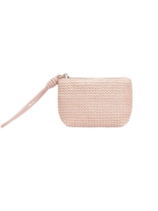 Minimalist straw woven coin purse with wrist strap and secure zipper in beige