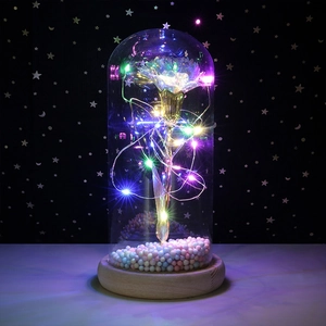 Enchanted 24k gold foil rose in glass dome with colorful LED lights and wooden base