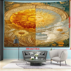 Detail showing 300x180cm psychedelic mandala wall tapestry with sun and floral motifs