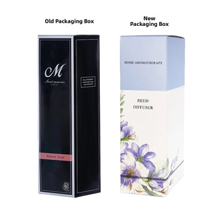 Comparison between old black minimalist and new light blue floral reed diffuser packaging