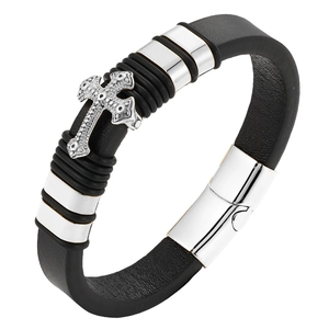 Men's retro leather bracelet with silver stainless steel cross and magnetic clasp