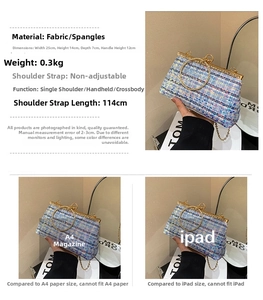 Blue sequined evening clutch bag size 25x14x7cm compared to A4 paper and iPad