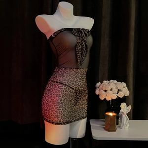 Sexy leopard print and black mesh tube dress with bow accent and bodycon fit