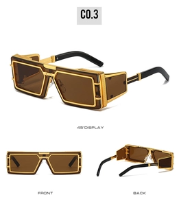 Three-angle views of steampunk sunglasses with golden metal frames and brown lenses