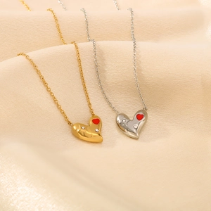 Heart Pendant Necklace Stainless Steel 18K Gold Plated Rhinestone Enamel Non-Tarnish Asymmetric Jewelry For Women