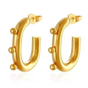 Detail of 18K gold-plated U-shaped oval earrings with three polished metal bead accents