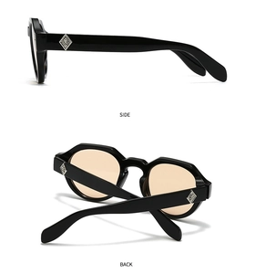 Seiten- und Rückansicht der Retro-Sonnenbrille mit schmalem Rahmen und braunen Gläsern