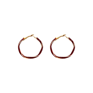 French style burgundy enamel hoop earrings with a gold-tone twisted metal design