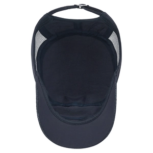 Top view of men's quick-dry mesh flat top cap in black with breathable side panels