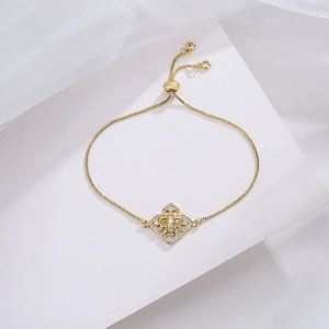 Gold-plated adjustable Virgin Mary flower bracelet with white zircon pave setting