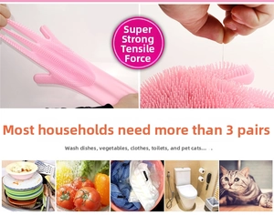 Pink silicone cleaning gloves featuring dense bristles for pet grooming and household chores