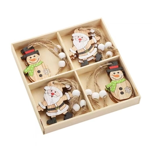 Wooden Christmas angel and snowman hanging decorations set in a wooden storage box
