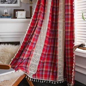 American Vintage Red Green Plaid Cotton Linen Curtain With Crochet Lace And Tassels For Kitchen Cafe Christmas Decor