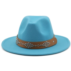 Sky blue wool fedora hat with wide brim and studded brown leather decorative band